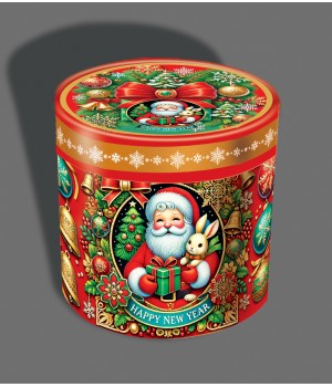 Новорічна подарункова коробка  (металізований картон)  Тубус"Санта с зайченятами" 26-23.